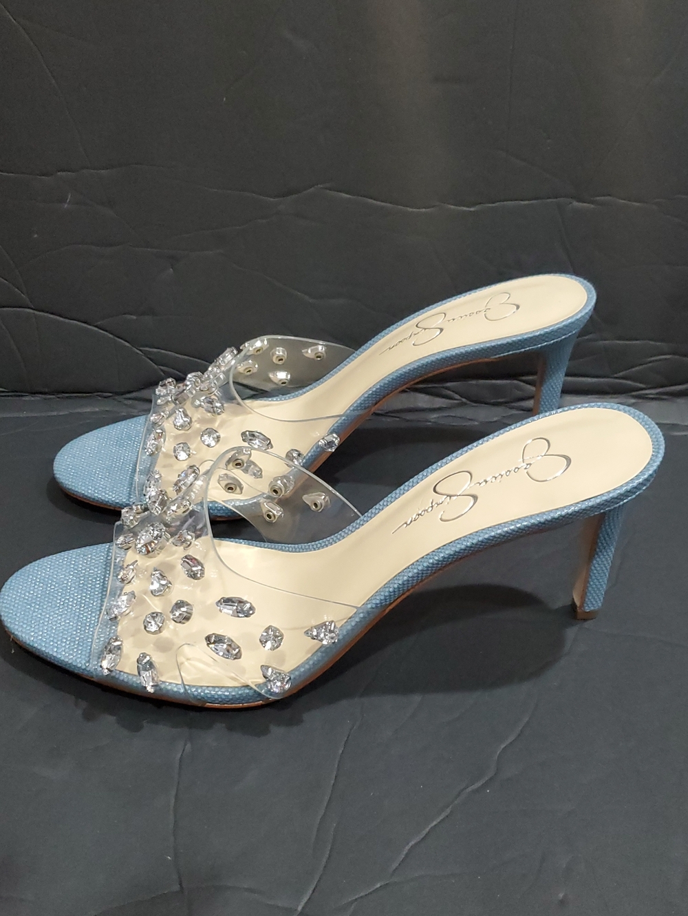 Jessica Simpson Primana clear cz studded blue denim mule heels size 10 brand new